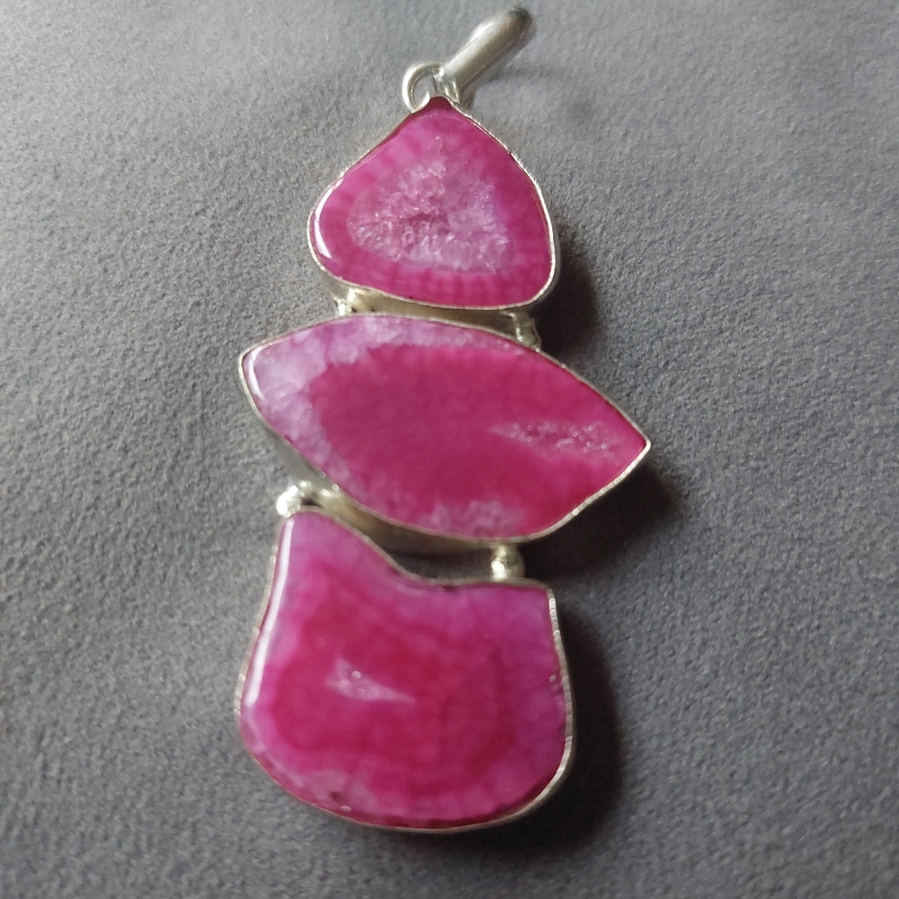 Three Stone Magenta Simulated Geode Stone Pendant